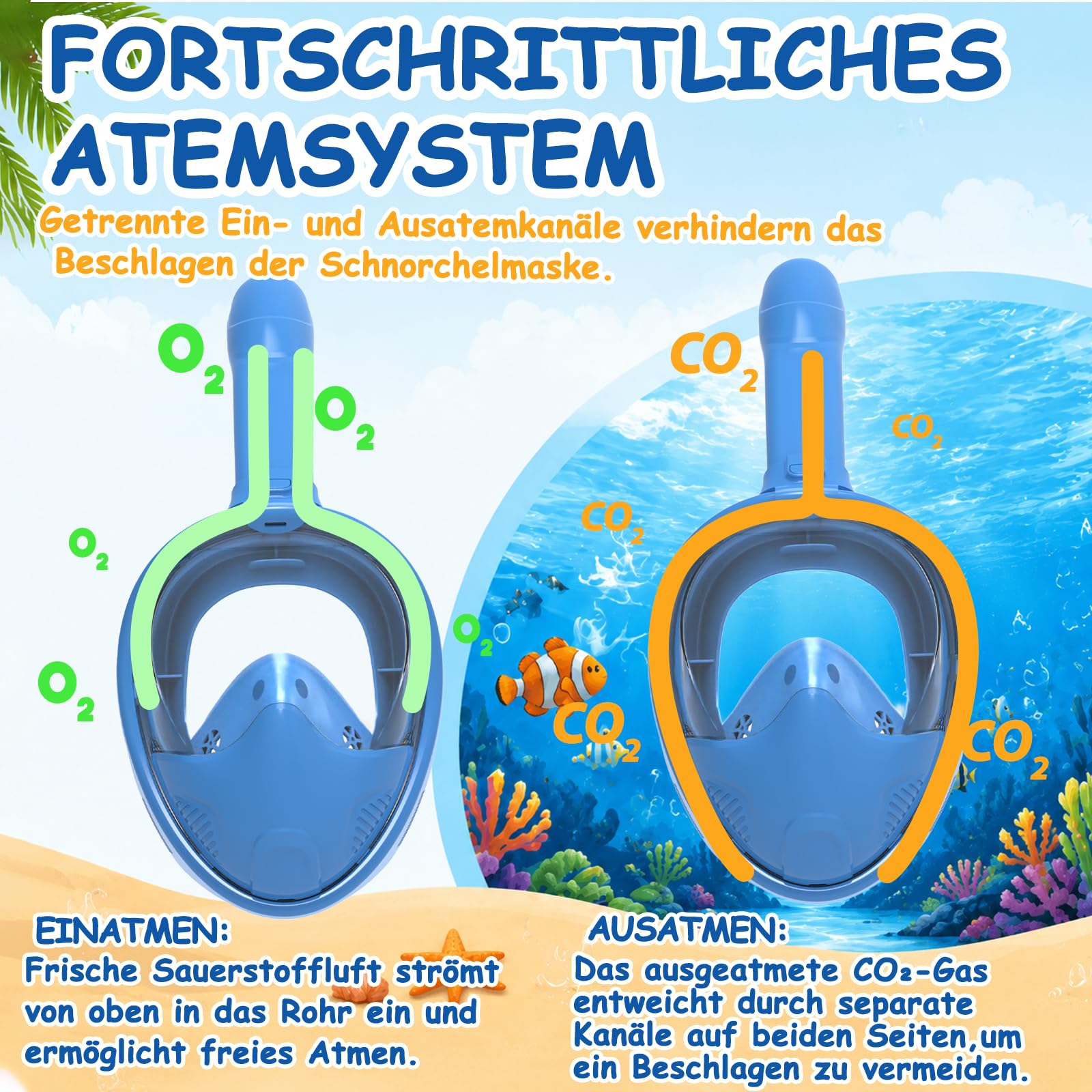 FLYBOO masque snorkeling intégral bleu XS 180°