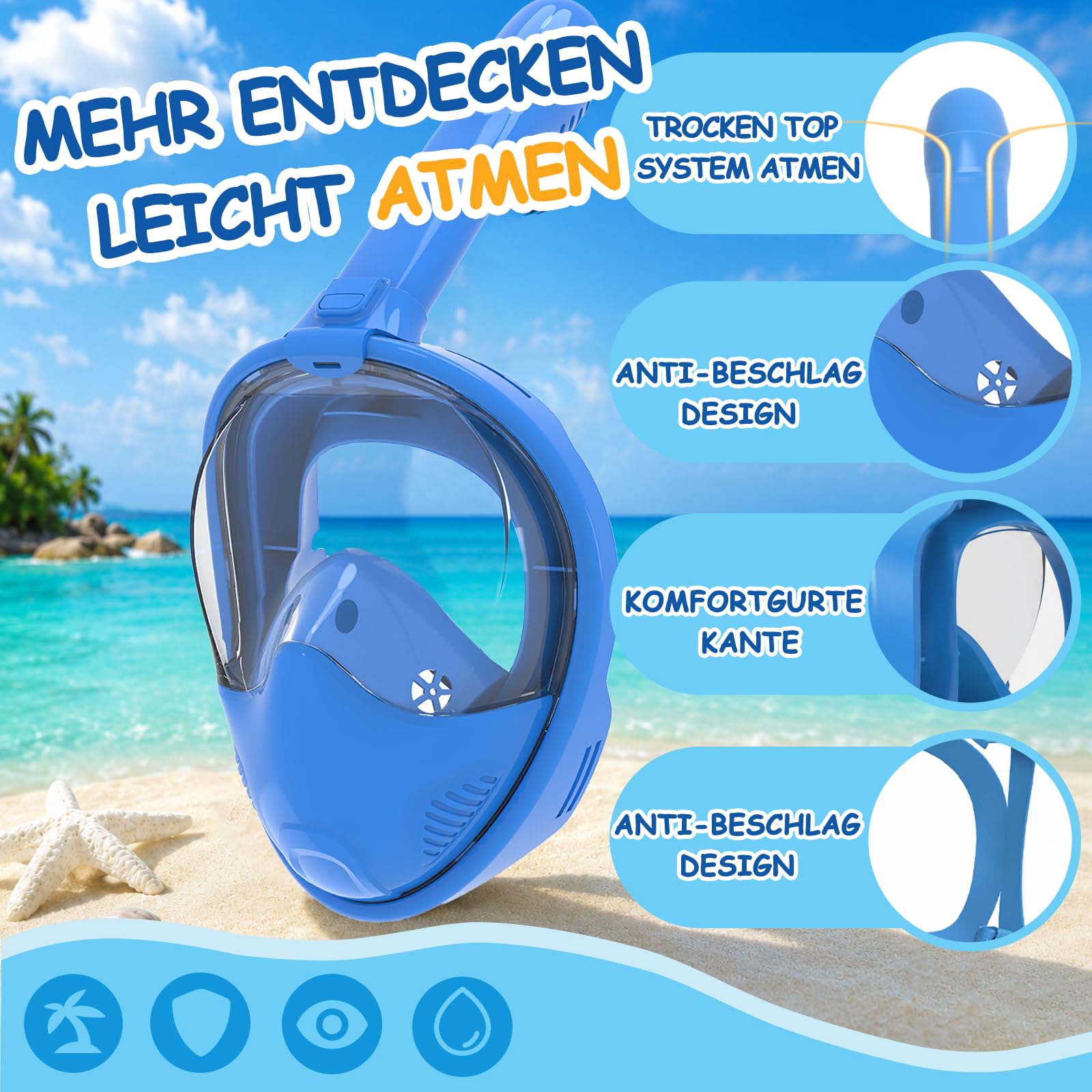 FLYBOO masque snorkeling intégral bleu XS 180°