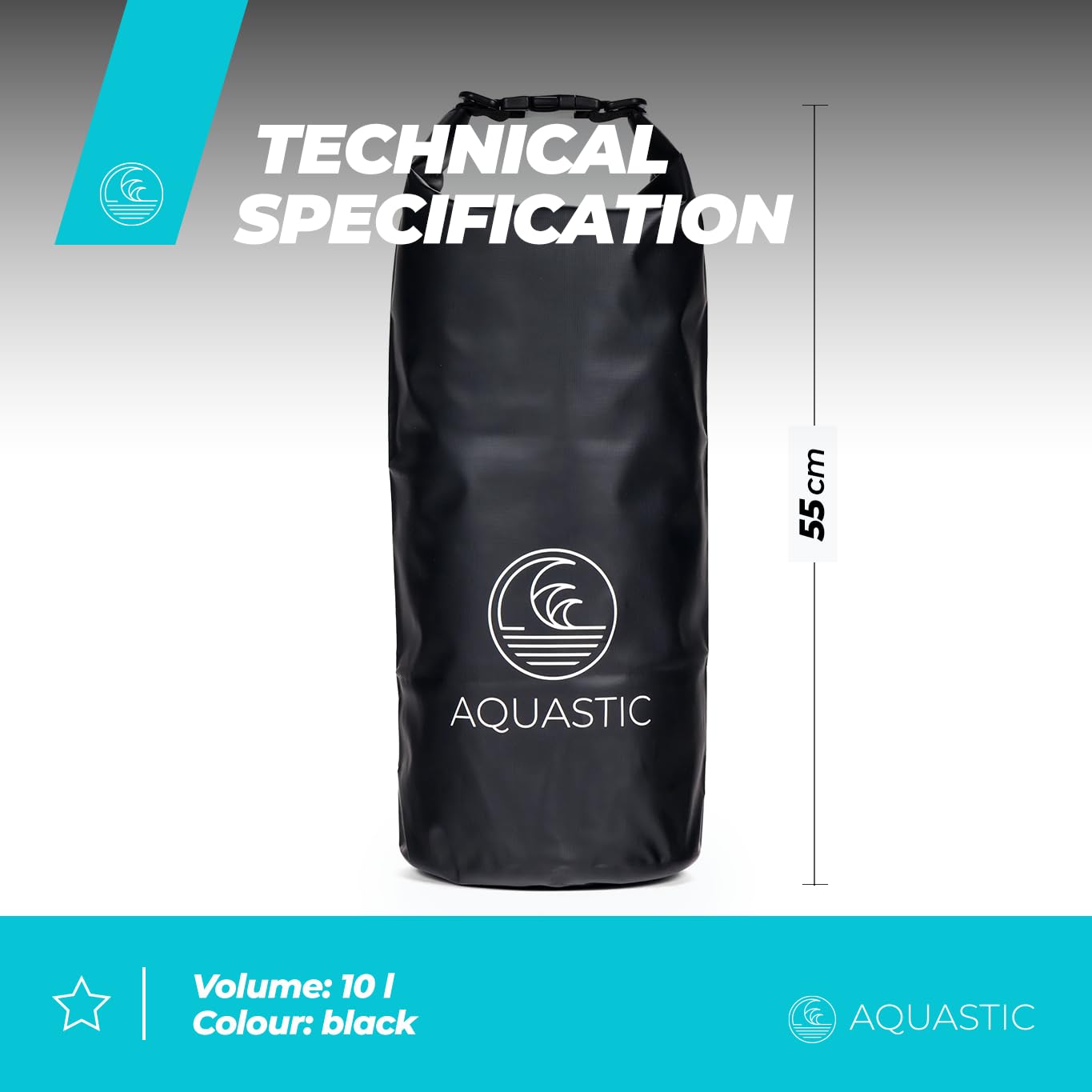 AQUASTIC sac étanche 10 L noir PVC 500D bandoulière